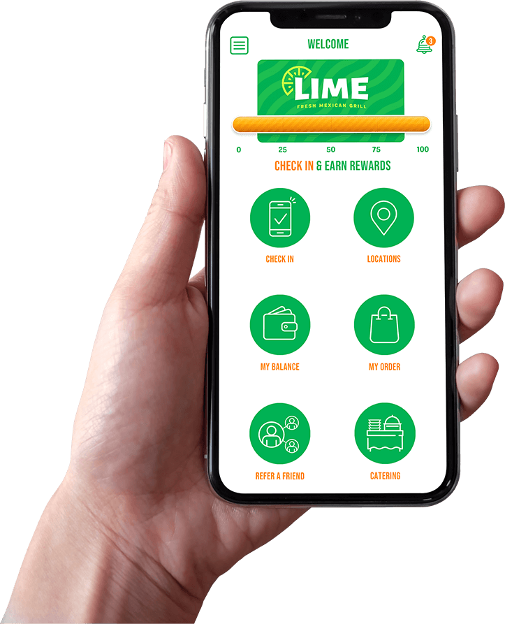 LIME Fresh Mexican Grill restaurant app rewards system showed on an iPhone